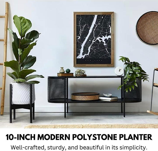 Fox & Fern 10 Inch Plant Pot with Drainage Plug â Premium Polystone White Plant Pot; Modern Planter with 3D Texture and Ceramic Finish; 10 Inch Pots for Plants Indoor & Outdoor