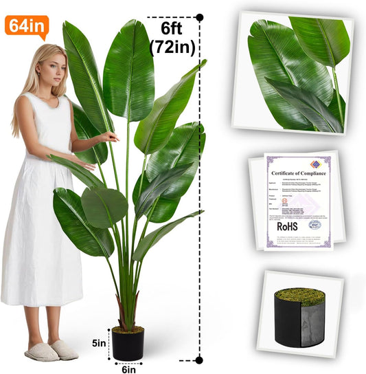 Aveyas 6ft Artificial Bird of Paradise Tree for Home Decor, 6 Feet Faux Floor Plant Fake Silk Banana Leaf Tropical Trees with Pot for Indoor Outdoor House Living Room (6 ft Tall)