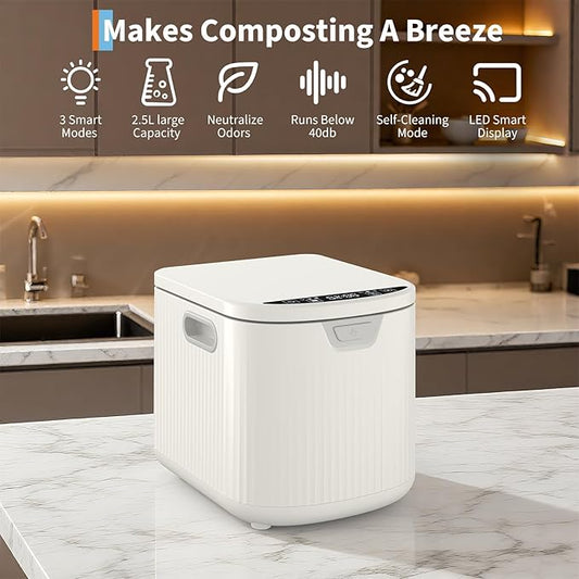 2.5 L Electric Composter Countertop, 3 Modes Kitchen Smart Compost Bin with Auto Cleaning, LED Display, Turns Kitchen Waste into Dry Manure, Low Noise Food Waste Compost Machine