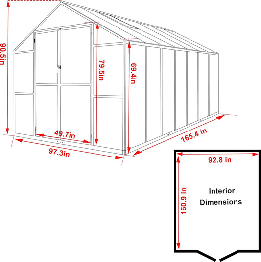 8x14 FT Green House for Outdoor, Polycarbonate Aluminum Walk-in Greenhouse Kit with Lockable Door and Adjustable Roof Vents, Backyard Garden in Winter, Gray