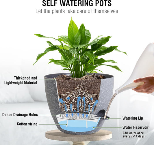 Self Watering Hanging Planters 10 inch, 2 Pack Hanging Flower Pots for Indoor Outdoor Plants, Hanging Baskets with Drainage Holes & 2 Kinds of Plant Hangers for Garden Decor, Speckled Grey