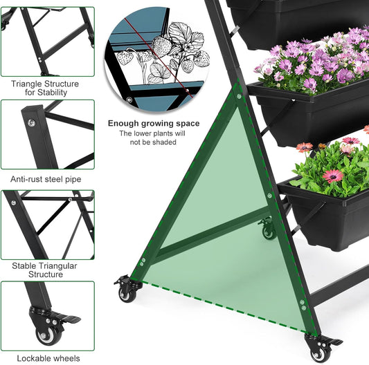Outvita 4.4 FT Vertical Garden Bed, 5 Tier Vertical Raised Planter, Removable Black Raised Bed Box with 4 Wheels, Movable Elevated Vegetable Flower Planter for Patio Yard Indoor Outdoor
