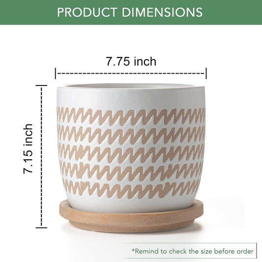 Ceramic Flower Pots Indoor-Outdoor: 7.75 Inch Large Planters with Drainage Holes & Saucer - Modern Decorative Plant Pots Ceramic for Home Gardeners (Wave)