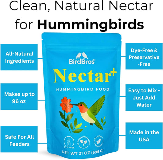 BIRDBROS Hummingbird Nectar Powder Nectar+ Hummingbird Food for Feeders – All-Natural, Dye-Free, No Boil, Easy Mix – Pure Cane Sugar, Hummingbird Feeder Refill, Made in USA – Makes 96 oz