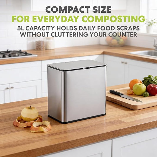 Simpli-Magic Kitchen Compost Bin and Caddy, 5L / 1.32 Gal Stainless Steel with Removable Inner Bucket and Deodorizer Compartment, 2-in-1 Countertop Compost Bin with Lid, Kitchen Food Waste, 79705