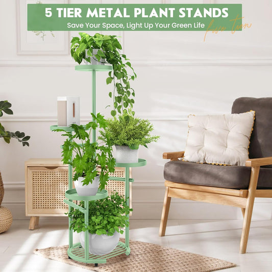 TOSKING 5 Tier Metal Plant Stand Indoor, Plant Shelf, Corner Shelf Flower Pot Stand for Outdoor Plant Stand for Living Room Balcony Garden Patio Bedroom (Green, 42inches)