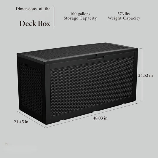 100 Gallon Resin Deck Box, Waterproof Outdoor Storage Bin for Patio Furniture, Pool Accessories, and Garden Tools, Lockable & UV-Resistant, Black