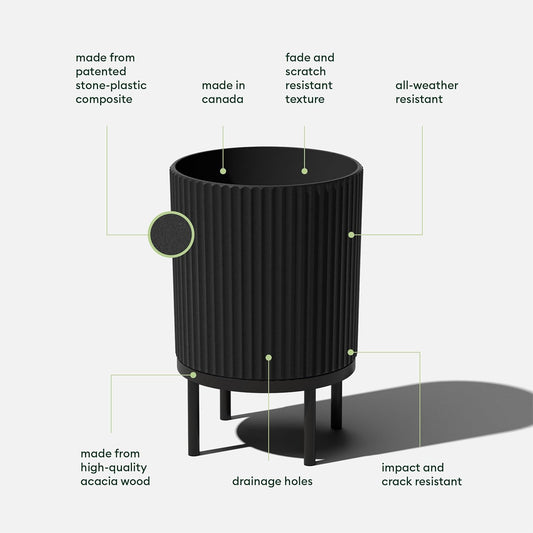 Veradek Demi Series Round Planter w/Stand for Porch/Patio | Durable Plastic-Stone Composite & Wooden Stand | Modern Décor for Tall Plants, Flowers