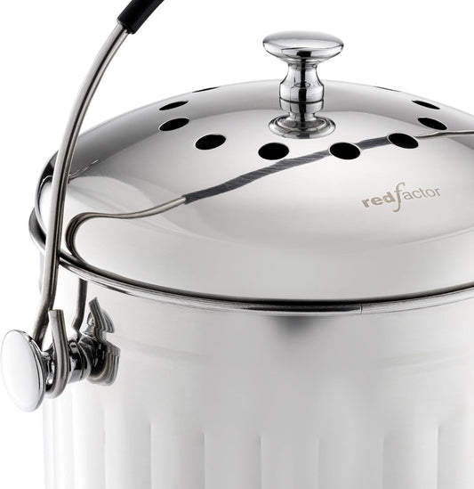 RED FACTOR Premium Compost Bin for Kitchen Countertop - Stainless Steel Food Waste Bucket with Innovative Dual Filter Technology - Includes Spare Filters (Brilliant Steel, 1.3 Gallon)