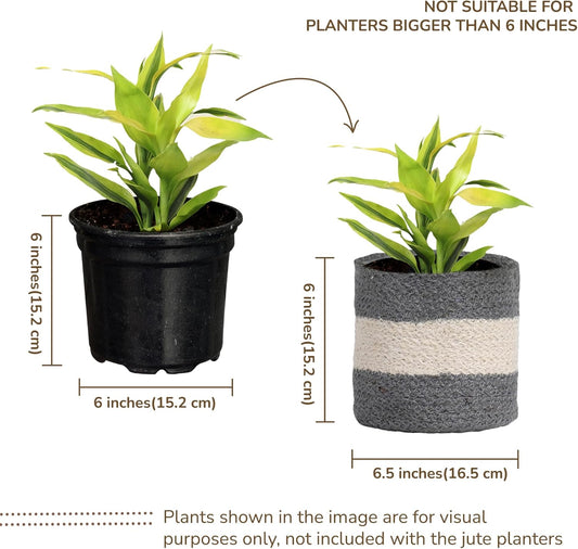 Jute Planter Basket-Woven Jute Rope Covers for Decorating Indoor/Outdoor Succulents, Small Plant Pots-Set of 2-Multi-Purpose Storage Bins 6.5 Inches - Modern Style Décor - Gray & White