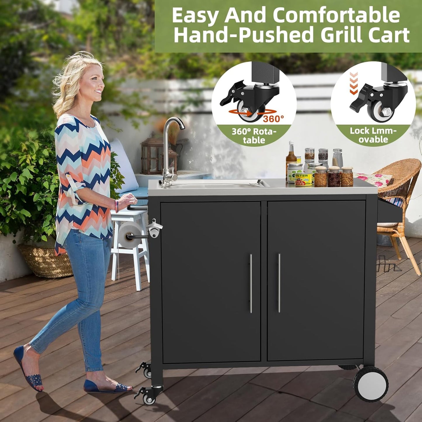Outdoor Grill Table with Sink, Grill Cart with 304 Stainless Steel Sink and Cabinet, Outdoor Grill Cart,Outdoor Cart Sink Station with Wheels, 38in x 18in x 35in