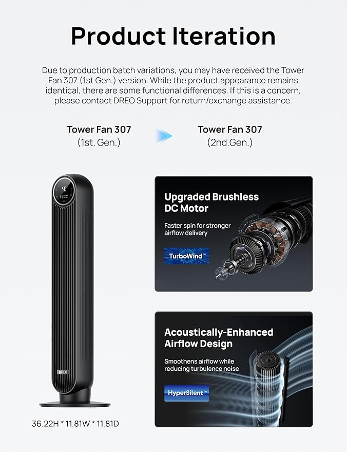 DREO Tower Fan for Bedroom, 2026 Upgraded DC Motor, 28ft/s High Velocity, 20dB Ultra Quiet Standing Fan, 8 Speeds 4 Modes, 90ยฐ Oscillating Bladeless Fan for Indoors, Floor Fans with Remote, Black