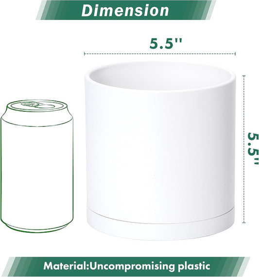 D'vine Dev 2 Pack 5.5 Inch Modern Plastic Plant Pots, Small Garden Planters for Plant with Drainage Holes and Saucers, White Color, 74-Z-H-1