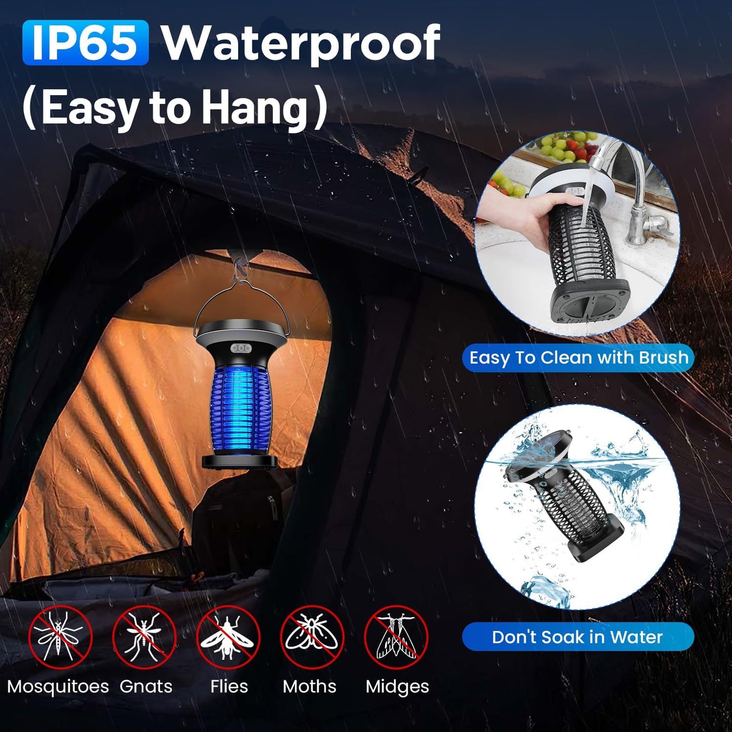 Solar Bug Zapper Outdoor Waterproof, Portable Pest Control Electric Mosquito Zapper Killer with Panel Sensor, Rechargeable Insect Trap Fly Zapper for Home, Patio, Backyard, Camping