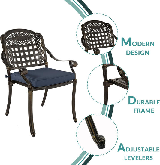 MEETWARM 3 Piece Patio Bistro Set, Outdoor All-Weather Cast Aluminum Dining Furniture Set Includes 2 Chairs with Cushions and a 35.4” Round Table with Umbrella Hole for Garden Deck, Navy Blue