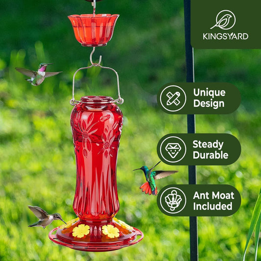 Kingsyard Glass Hummingbird Feeders for Outdoors Hanging, Hummingbird Nectar Feeder with Ant Moat & 6 Bee Guard Feeding Ports, 25 Ounces Leak Proof (Red)