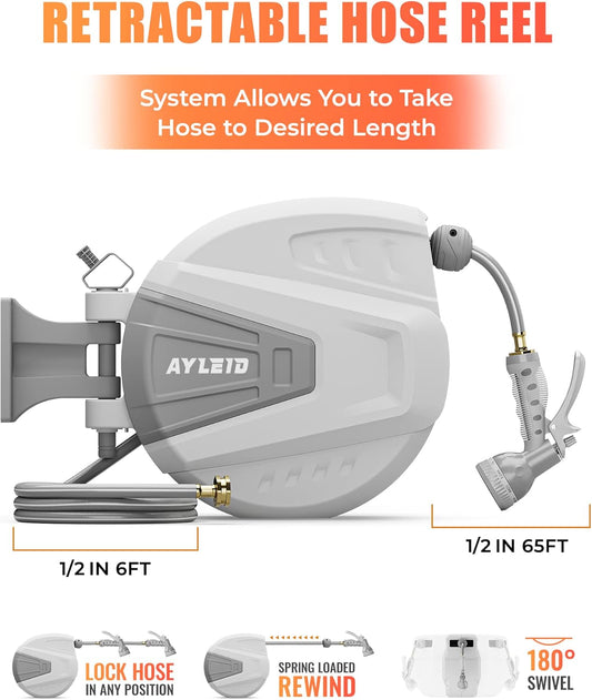 Ayleid Retractable Garden Hose Reel,1/2 in x 65 ft Wall Mounted Hose Reel, with 9- Function Sprayer Nozzle, Any Length Lock/Slow Return System/Wall Mounted/180°Swivel Bracket (Grey)