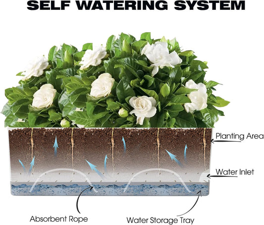 Self Watering Planters Pots for Indoor Plants, 7 Pack Plastic Planter Box Flower Pots for Indoor Outdoor Plants, Rectangle Herb Planter Window Boxes Planterswith Drainage, Light Gray Tray