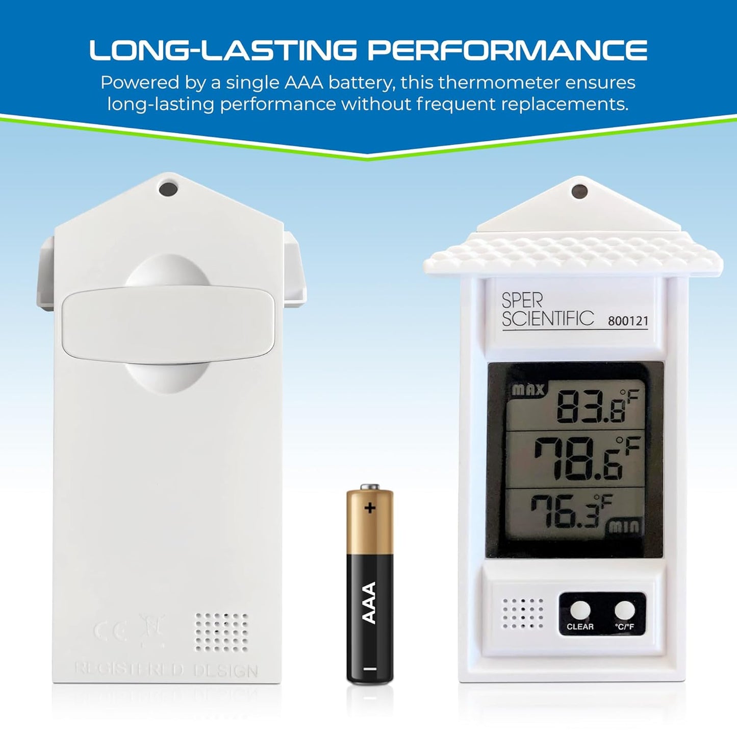Sper Scientific Compact Digital Min/Max Thermometer 800121 - Wide Range Temperature Logger with Clear LCD Display - Ideal for Laboratories, Food Storage, HVAC & Greenhouses