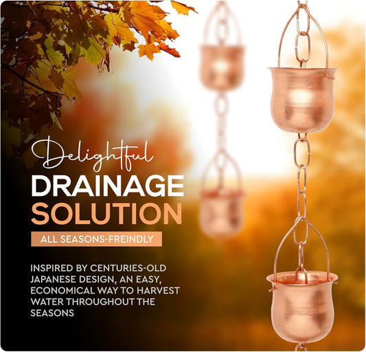 Copper Rain Chain – Decorative Chimes & Cups Replace Gutter Downspout & Divert Water Away from Home for Stunning Fountain Display – 6.5’ Long for Universal Fit – Pot Style