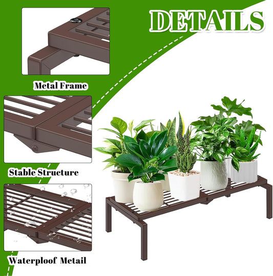 1 Tier Metal Plant Stand Indoor Outdoor, Potted Multiple Flower Pot Holder Rack Plant Shelf, Heavy Duty Planter Display Shelving for Patio Balcony Garden Living Room Decorative (Brown)
