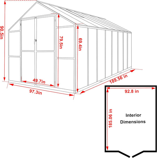 8x16 FT Polycarbonate Aluminum Greenhouse Kit, Outdoor Walk-in Green House with Adjustable Roof Vents and Lockable Door, Backyard Garden in Winter, Gray