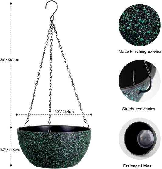10 inch Hanging Planters for Indoor Outdoor Plants, 2 Pack Hanging Flower Pots with Drainage Holes and Chain for Garden, Plastic Hanging Baskets for House Plants, Black with Green Speckles