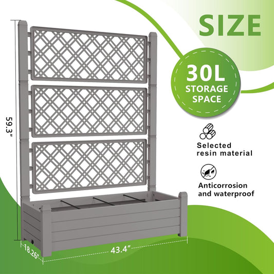 59.3in Planter Box Trellis, Large Outdoor Plastic Raised Garden Bed with Drain Plug for Climbing Plants(Gray,43.43 * 18.27 * 59.29)