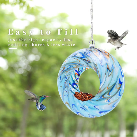VCUTEKA Bird Feeder Solar Fly Through Bird Feeders for Outside Hanging with Round Shape Glass Container to Attract Wild Birds for Garden Decor, Solar Birdfeeder as Gift for Lovers, Light Blue 8-Inch