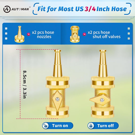 AUTOMAN Brass Hose Nozzle - High Pressure Jet Nozzle 4 Count (2 Set), Heavy Duty Water Hose Sprayer Sweeper with Hose Shutoff Valve, 3/4β GHT Nozzles for Garden Hose, Car Wash, Extra 10 Rubber Washers