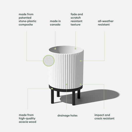 Veradek Demi Series Round Planter w/Stand for Porch/Patio | Durable Plastic-Stone Composite & Wooden Stand | Modern Décor for Tall Plants, Flowers