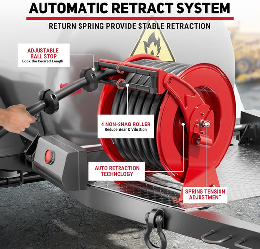 Fuel Hose Reel 1" x 50FT Extra Long Retractable Diesel Reel 300 PSI Auto Swivel Rewind Diesel Hose Reel with Fueling Nozzle Industrial Carbon Steel for Vehicle Tank Truck Trailer Ship, Red