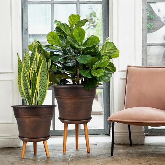 Plant Planters Pots Set of 4 Pack 13 Inch,Large Plastic Flower Pot for Indoor Plants with Drainage Holes & Trays, Resin Decorative Container Sets with Saucer for House Outdoor Garden Plant Copper
