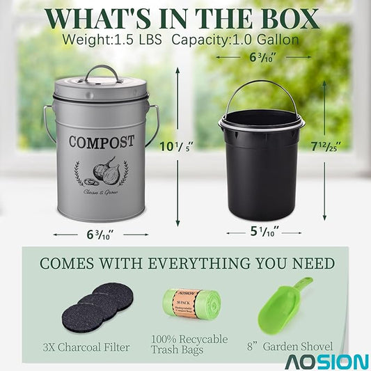AOSION Countertop Compost Bin Kitchen,Odor Resistant Indoor Compost Bin with Lid and Compost Bags,Compost Bucket Composter Container for Food Waste,Grey