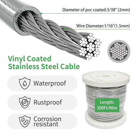 3/38" Wire Cable Rope Kit ,Vinyl Coated 304 Stainless Steel Wire – 300FT 7x7 Strand Cable with Turnbuckles,Shade Sail & Hanging Lights Hardware Kit for Outdoor, Garden,Patio, Crafts,