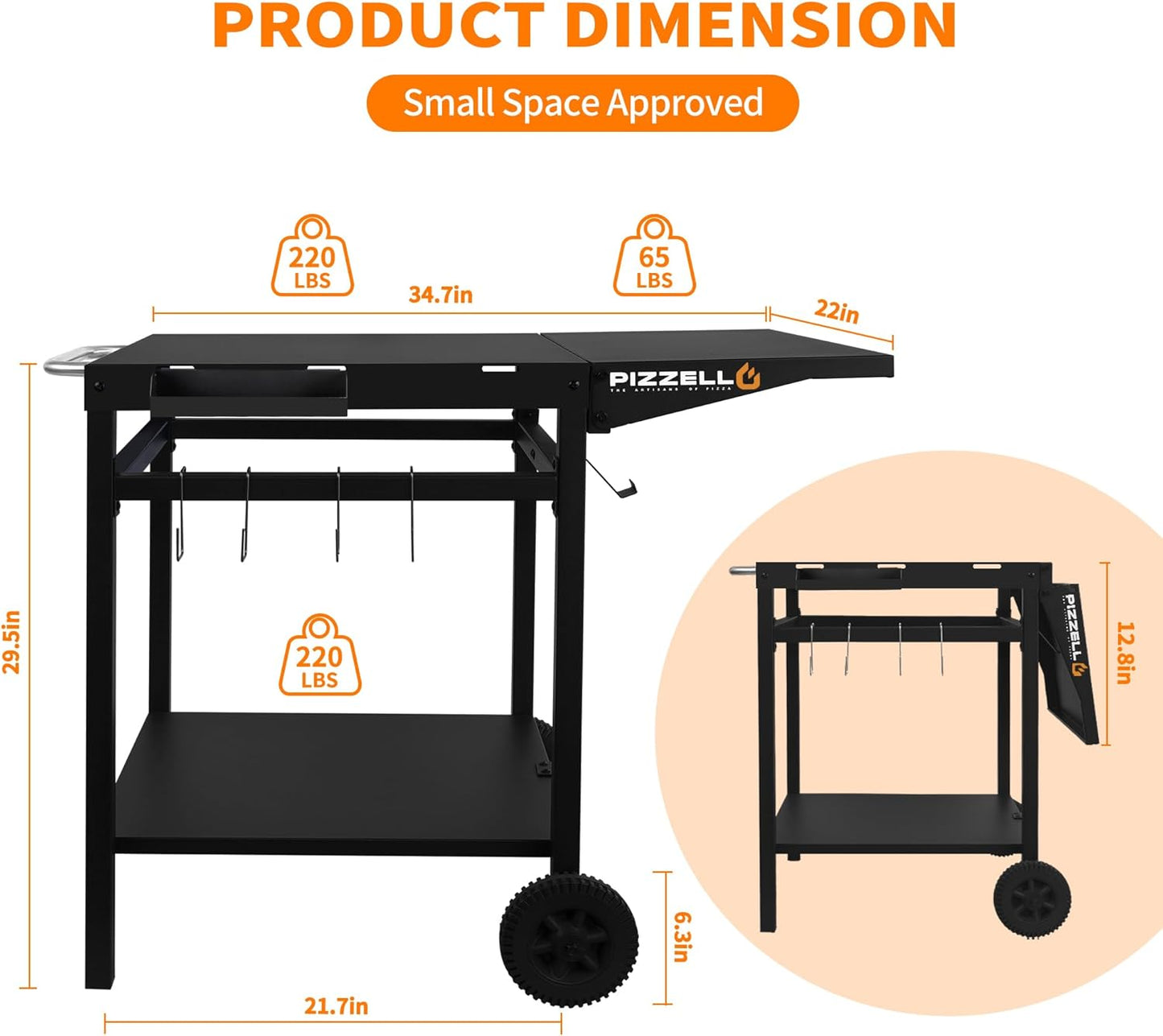 Outdoor Grill Table Cart 35" x 22" Movable Pizza Oven Stand Foldable Double-Shelf Grill Cart Food Prep Trolley Dining Cart Fit for Ooni Ninja Woodfire Blackstone Pizza Oven