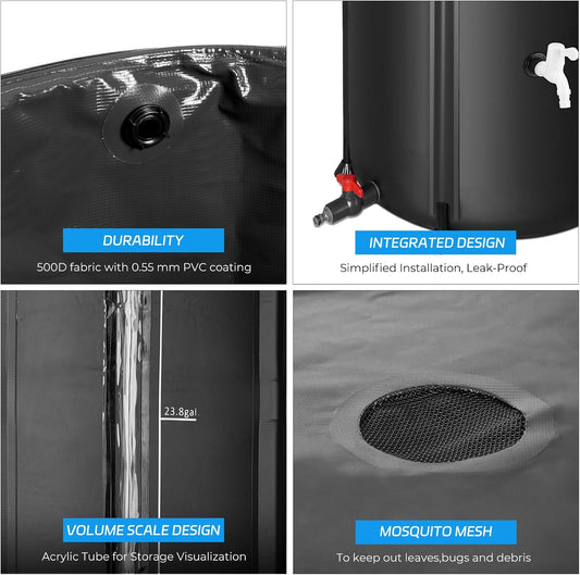 Rain Barrels to Collect Rainwater from Gutter - Rain Collection Barrel Water Barrel Rainwater Collection System Collapsible Rain Barrel Include Filter Two Spigots and Overflow Kit (100 Gallon, Black)