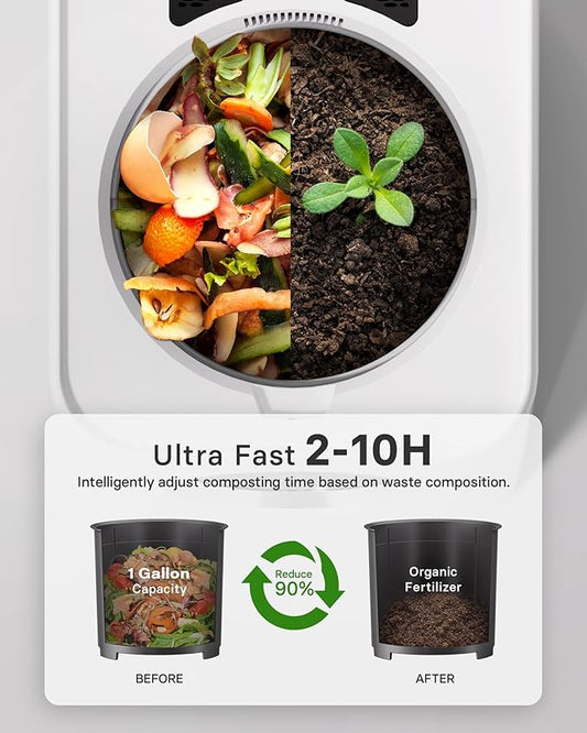 1 Gallon Eectric Kitchen Composter, Smart Mill Food Recycler with Large Touch Screen, Compost Bin Indoor with 4 Sharktooth Blades, 0.5kWh Per Cycle Energy-efficient, Odorless, Low Noise, Auto-Cleaning