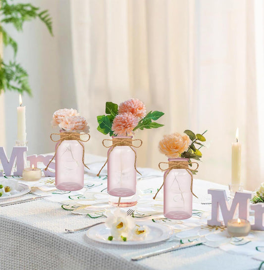 Vintage Glass Flower Vase,6 Pack Pink Farmhouse Glass Centerpiece Vases Mason Jars for Weddings, Parties & Home Decor Bulk (6, Pink)
