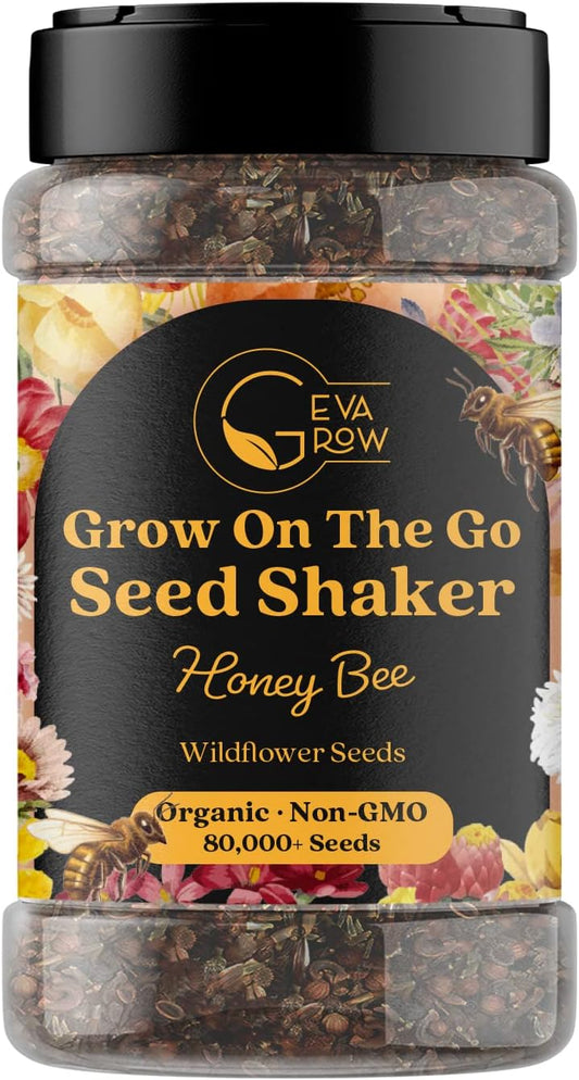 Mini Wildflower Seed Shaker β Honey Bee Wildflower Mix, by GevaGrow | Bulk 90,000+ Seeds | Pollinator Bee Attracting Flower Seeds for Planting in Pots & Outdoor Gardens | No Messy Packets