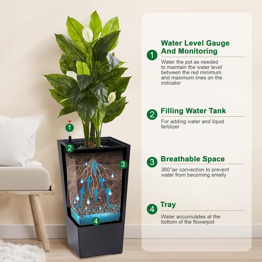 22.5" Tall Planters Set of 2, Outdoor&Indoor Black Planter Pots, High Front Porch Planter Pots with Drainage Holes&Water Level Monitor&Inner Bucket, Automatic Watering, Black