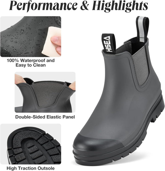 HISEA Women's Short Rain Boots Waterproof Garden Shoes Rubber Chelsea Boots Anti-Slipping Rainboots for Ladies with Comfort Insole Lightweight Stylish Ankle Rain Shoes Outdoor Work Booties