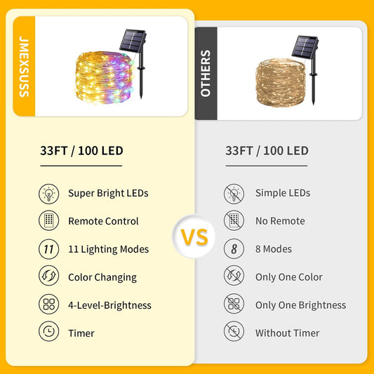 JMEXSUSS 2 Pack Solar Christmas Lights Outdoor Waterproof, 100 LED 33ft Warm White and Multicolor Color Changing Solar Fairy Lights, Copper Wire Solar String Lights for Outside Christmas Decorations