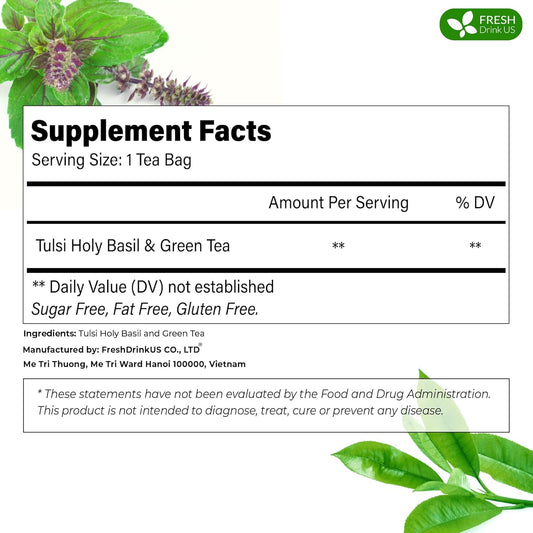 FreshDrinkUS, Premium 135 Tulsi Green Tea Bags, 100% Natural, Blend of Tulsi Holy Basil Leaves, and Green Tea Leaves. Made with Natural Material Tea Bags. No Sugar, Vegan.