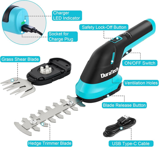 DURATECH Cordless Hedge Trimmer, 3.6V 2-in-1 Handheld Rechargeable Grass Trimmer & Hedge Shears with USB Type-C Cable, Built-in Li-ion Battery, Electric Shrub & Grass Shears for Garden, Yard and Lawn