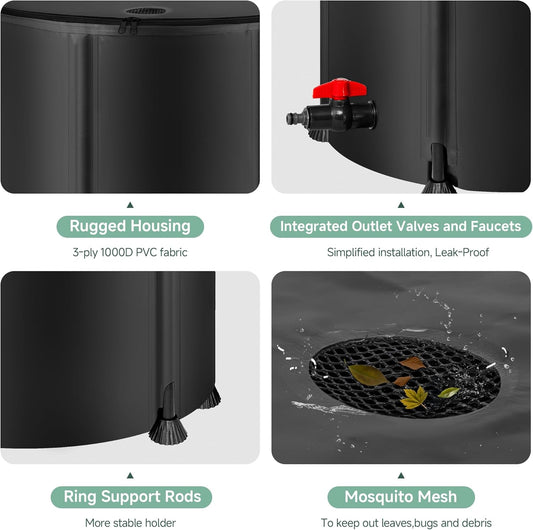 Collapsible Rain Barrel Water Storage Containers-53 Gallon Portable Rainwater Collect System Water Tank to Collect Rainwater from Gutter Downspout Water Catcher with Spigots,Filter&Overflow Kits
