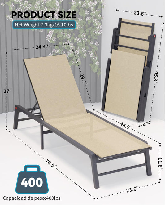 Aluminum Chaise Lounge Chair Outdoor, Foldable Patio Lounge Chair 2 Sets Assemble-Free, Pool Lounge Chairs with 5 Adjustable Backrest, Outdoor Lounge Chairs for Outside Poolside Beach Lawn Flaxen