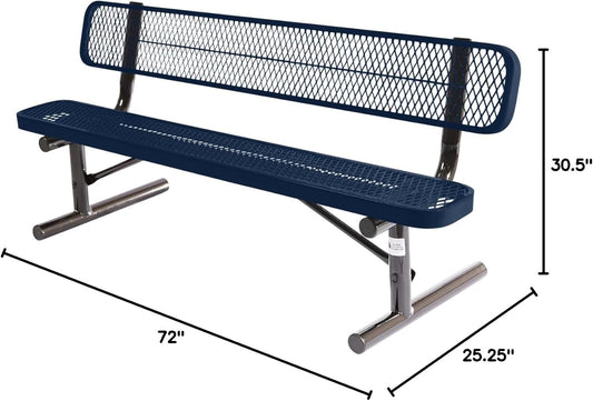 Heavy-Duty Portable Outdoor Bench Thermoplastic Coated, Expanded Metal, Commercial-Grade Seating, Made in America (Portable with Back, 6 Ft, Textured Dark Blue)