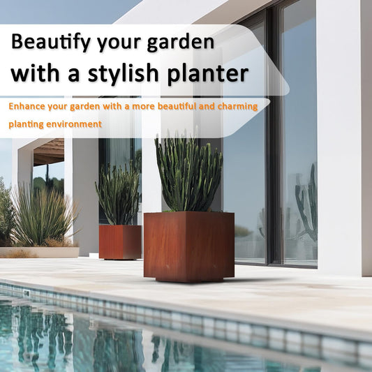 Corten Steel Cube Planter, 20in, Perfect for Patios & Terraces, Rust Patina Finish, Outdoor Box for Flowers, Trees & Shrubs