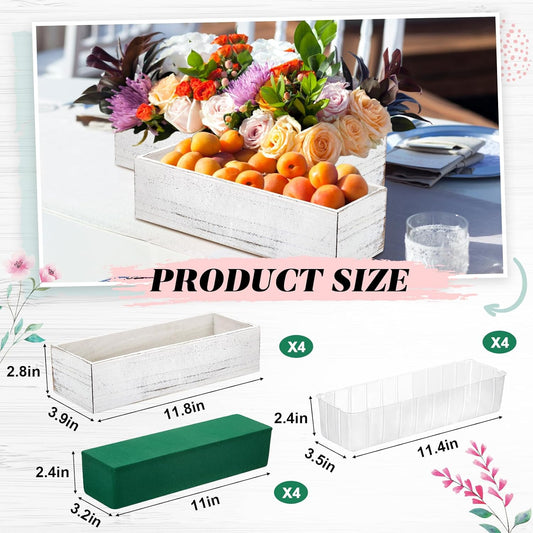 Dandat 4 Set Wood Boxes for Centerpieces 12x4 Inch Rectangle Wooden Planter Box Rustic Wooden Planters with Removable Plastic Liner Floral Foam Blocks for Home Wedding Garden Decor